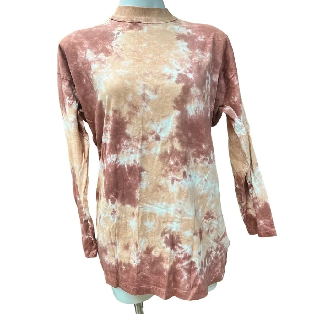 We The Free People Tie Dye Mock Neck Long Sleeve Shirt XS Orange Rose